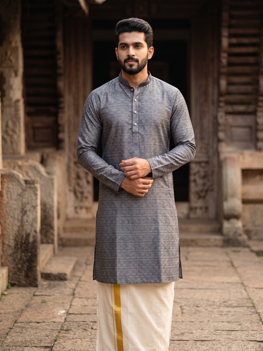 Southloom Grey Woven Patterns Semi Silk Long Kurta for Men SL591