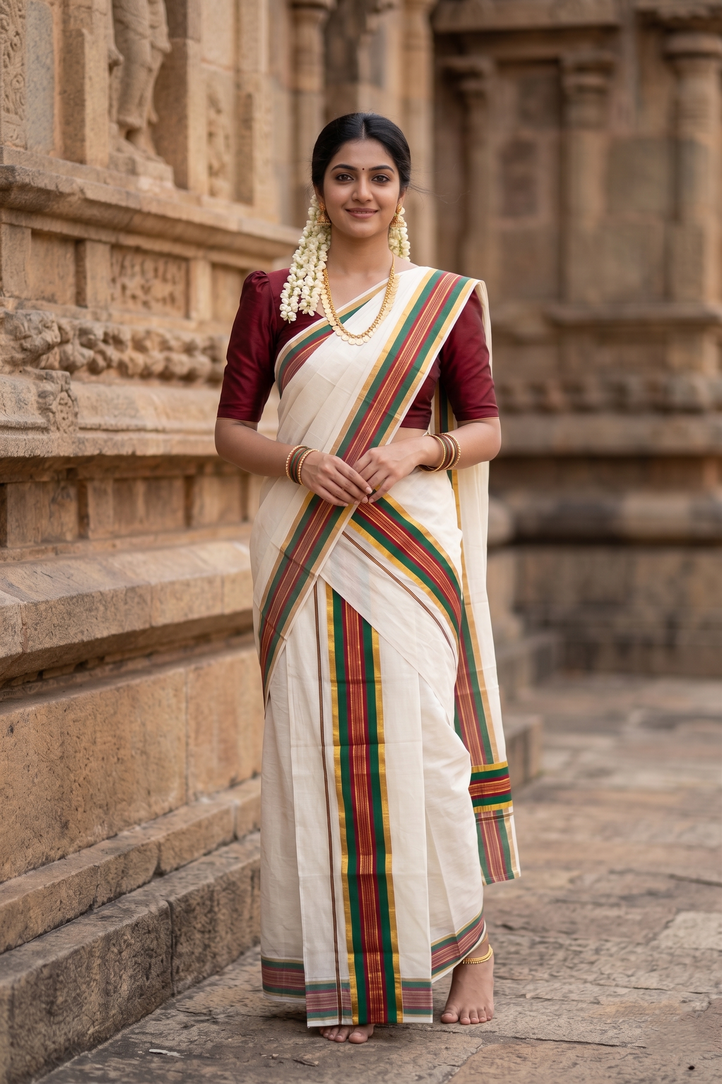 Kerala Cotton Kasavu Set Mundu (Mundum Neriyathum) with Green and Maroon Border 2.80 Mtrs SLKK SL470