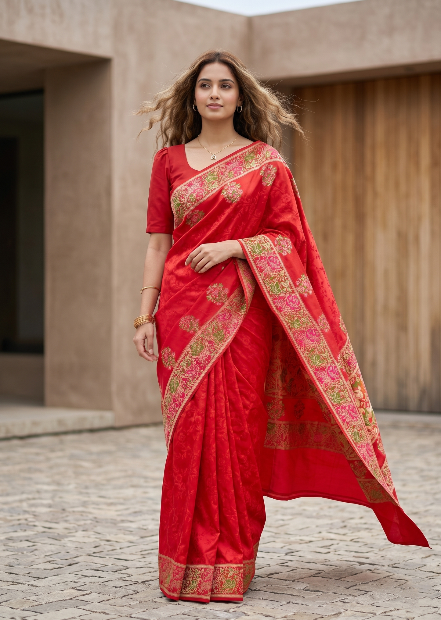 Southloom Pure Banarasi Silk Saree with Woven Work on Body and Borders (Red)