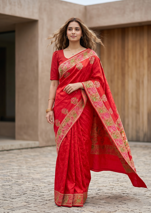 Southloom Pure Banarasi Silk Saree with Woven Work on Body and Borders (Red)