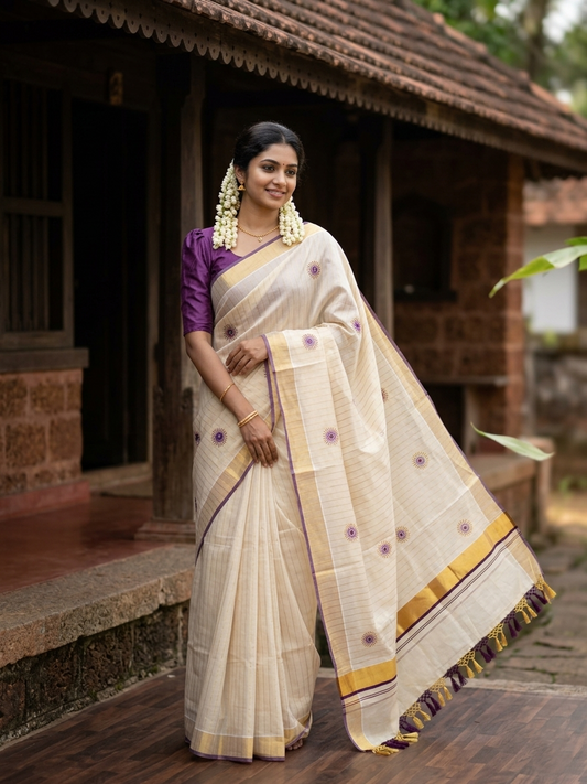 Southloom Tissue Kerala Kasavu Lines Saree with Embroidery Work on Body in Purple