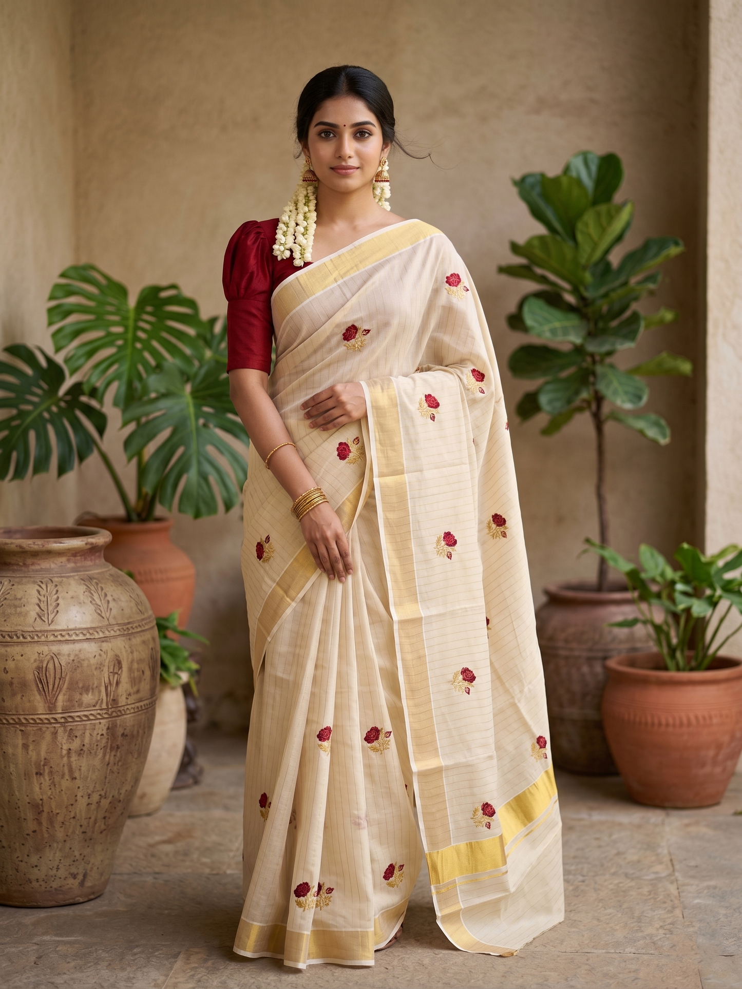 Southloom Kerala Tissue Kasavu Line Saree with Red Floral Embroidery on Body