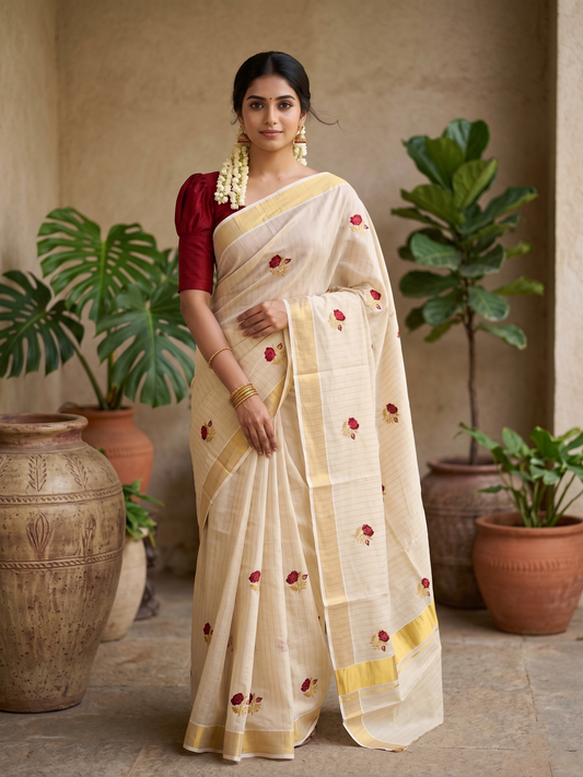 Southloom Kerala Tissue Kasavu Line Saree with Red Floral Embroidery on Body