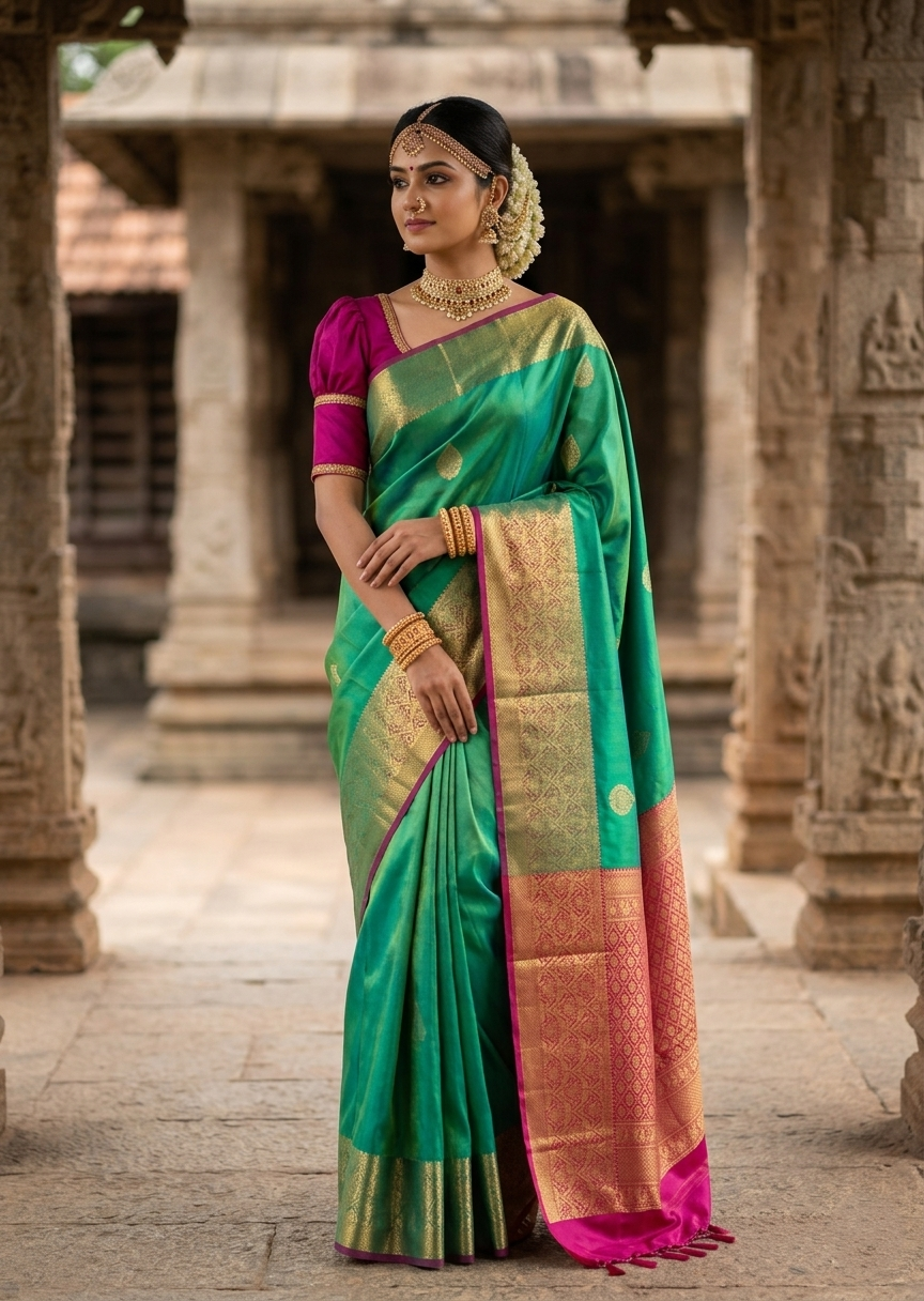Southloom Premium Bridal Handloom Kanchipuram Silk Saree With Butta Works (Green)
