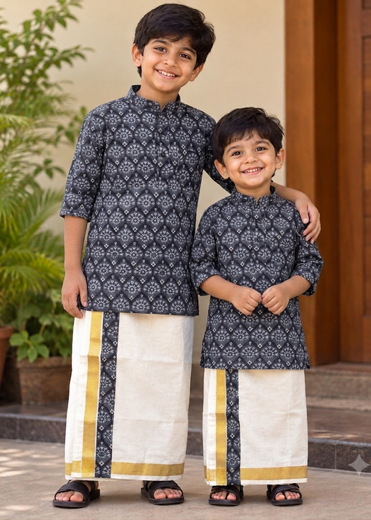 Southloom Ajrakh Printed Kids's Combo (Cotton Kurta + Tissue Velcro Mundu) SLKCOMBO
