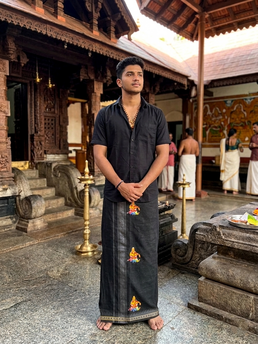 Southloom Black Printed Ayyapan Single Mundu / Otta Mundu  (South Indian Kerala Dhoti)