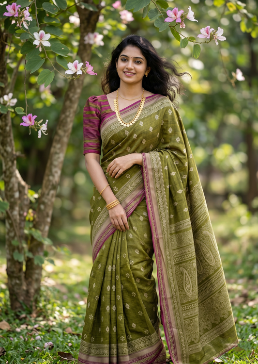 Southloom Muslin Cotton Saree With Floral Prints on the Body and Borders