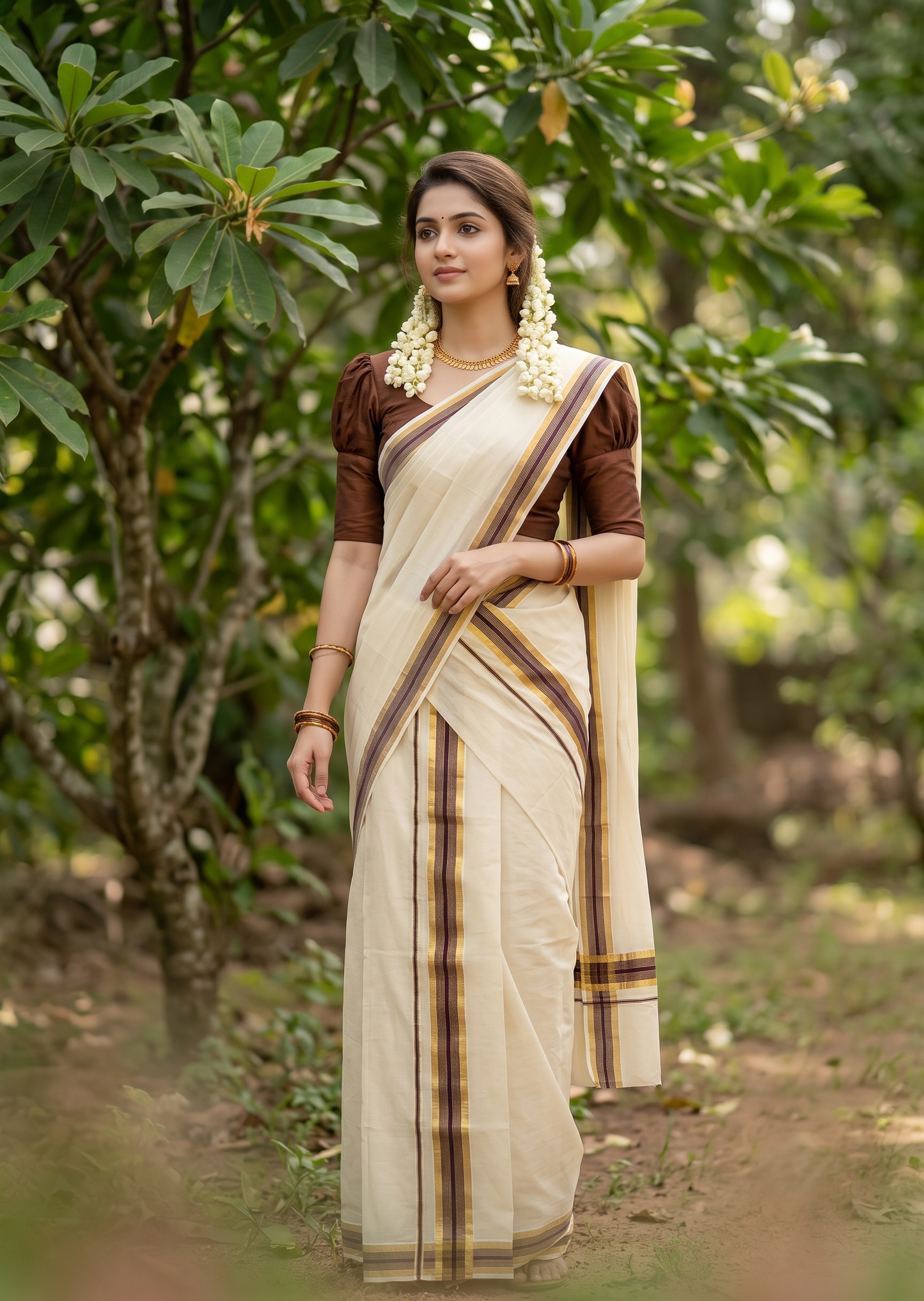 Southloom Pure Cotton Kerala Single Set Mundu (Mundum Neriyathum) with Brown and Kasavu Border 2.80 Mtrs SLKK