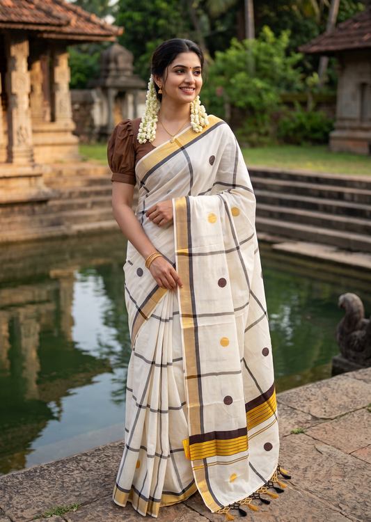Southloom Kerala Cotton Kasavu Saree with Brown & Gold Polka Works on BodySL581