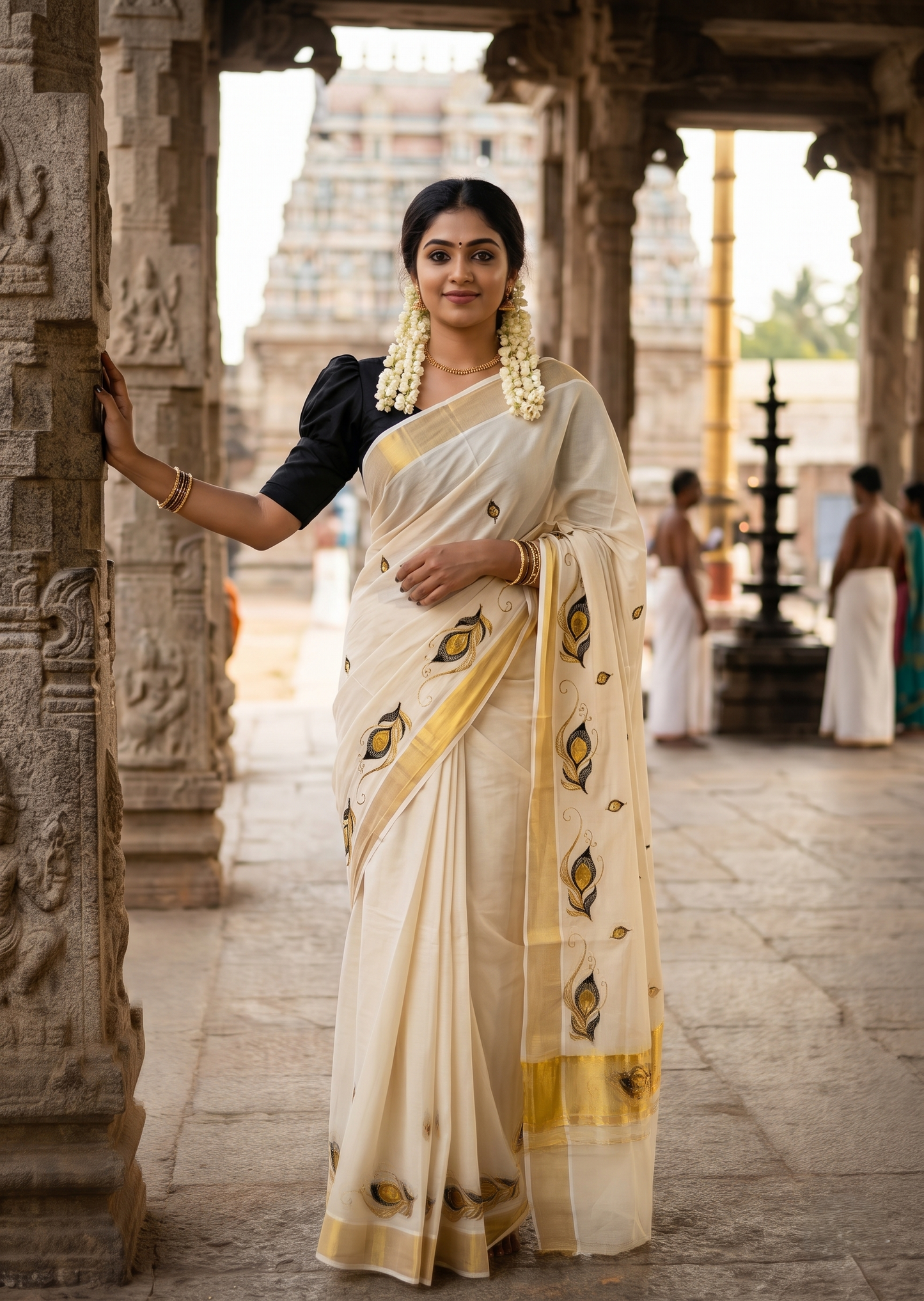 Southloom Kerala Tissue Kasavu Saree with Black Peacock Feather Embroidery Works