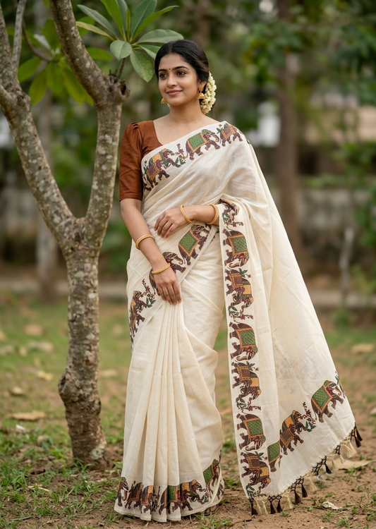 Southloom Kerala Tissue Kasavu Saree With Elephant Design on Borders SL373