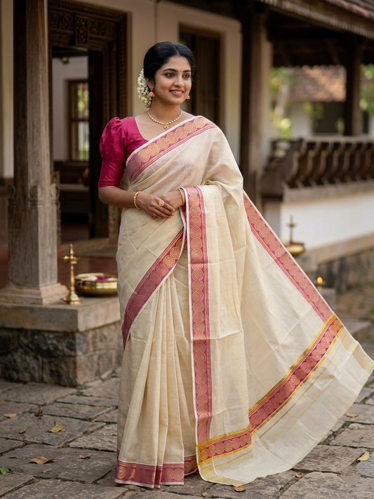 Southloom Kerala Tissue Kasavu Plain Saree Hand Printed SL350