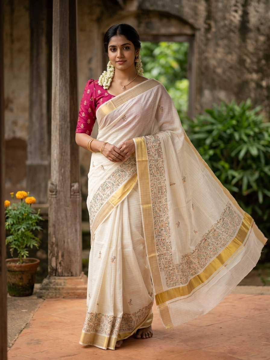 Southloom Cotton Kerala Kasavu Lines Saree with Kantha Embroidery Work on Body SL322