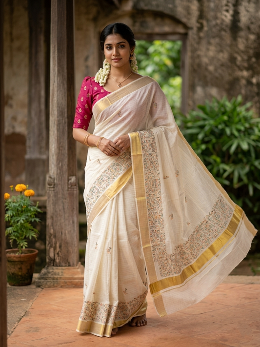Southloom Cotton Kerala Kasavu Lines Saree with Kantha Embroidery Work on Body SL322