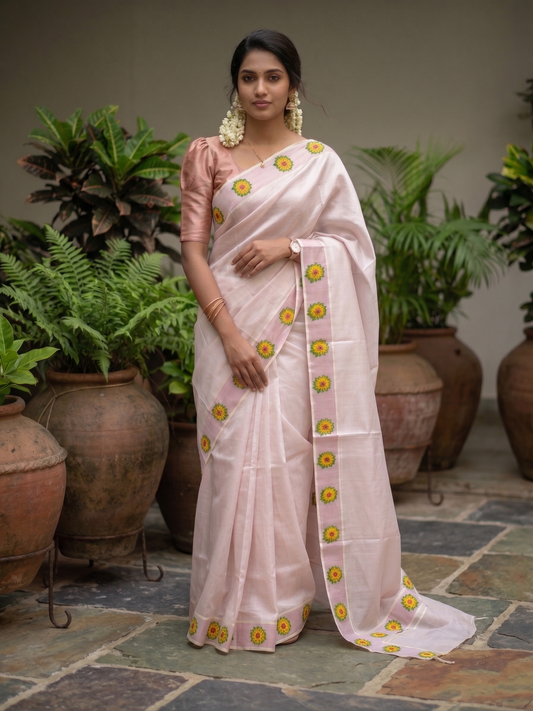 Southloom Kerala Rose Gold Tissue Kasavu Saree with Floral Prints on Border and Pallu