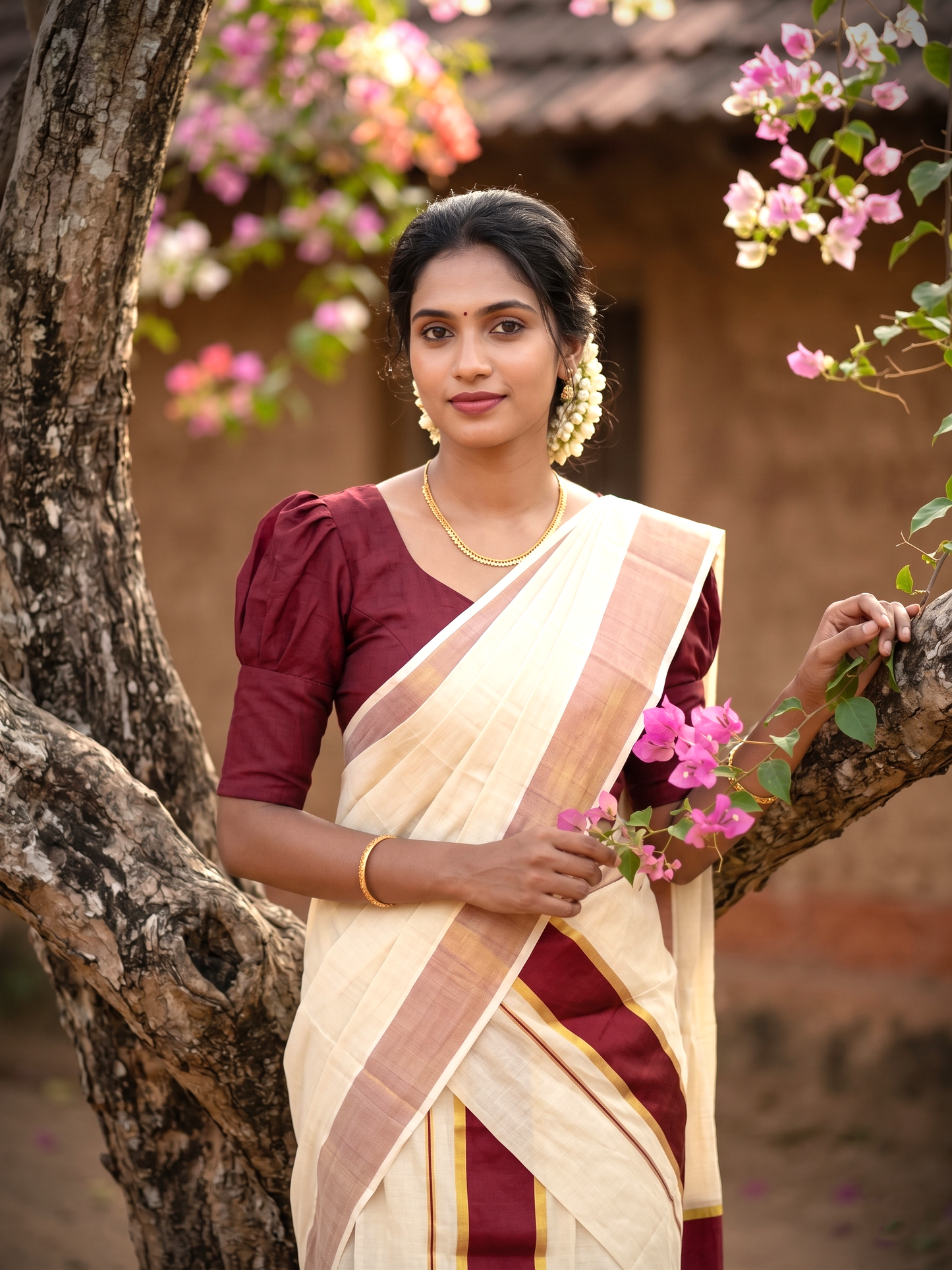 Southloom Kerala Tissue Kasavu Set Mundu (Mundum Neriyathum) with Maroon Border Tassels on Pallu in 2.80 Mtrs SL381