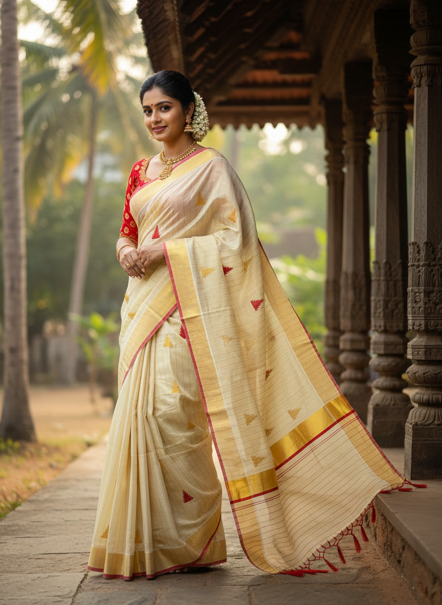 Kerala Tissue Kasavu Stripes Saree with Red and Gold Temple Embroidery Design on Body