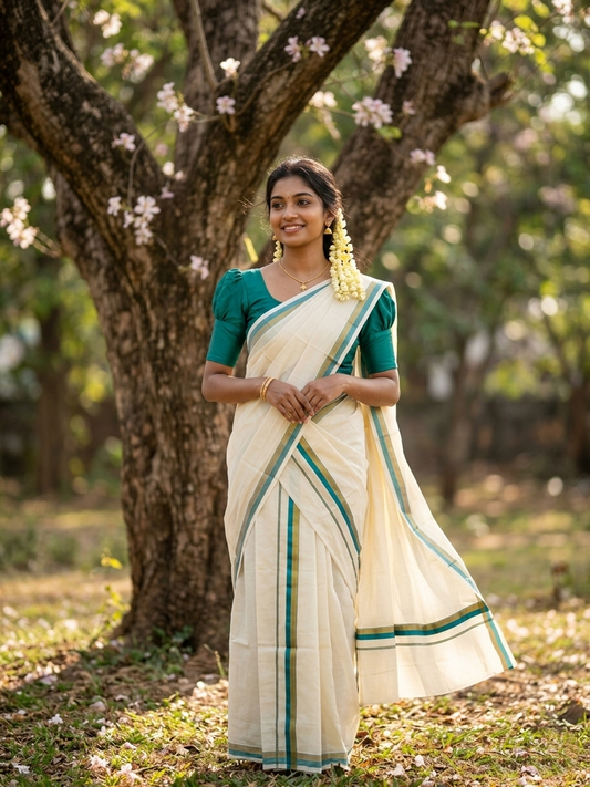 Pure Cotton Kerala Single Set Mundu (Mundum Neriyathum) with Peacock Green Kasavu Border in 2.80 Mtrs