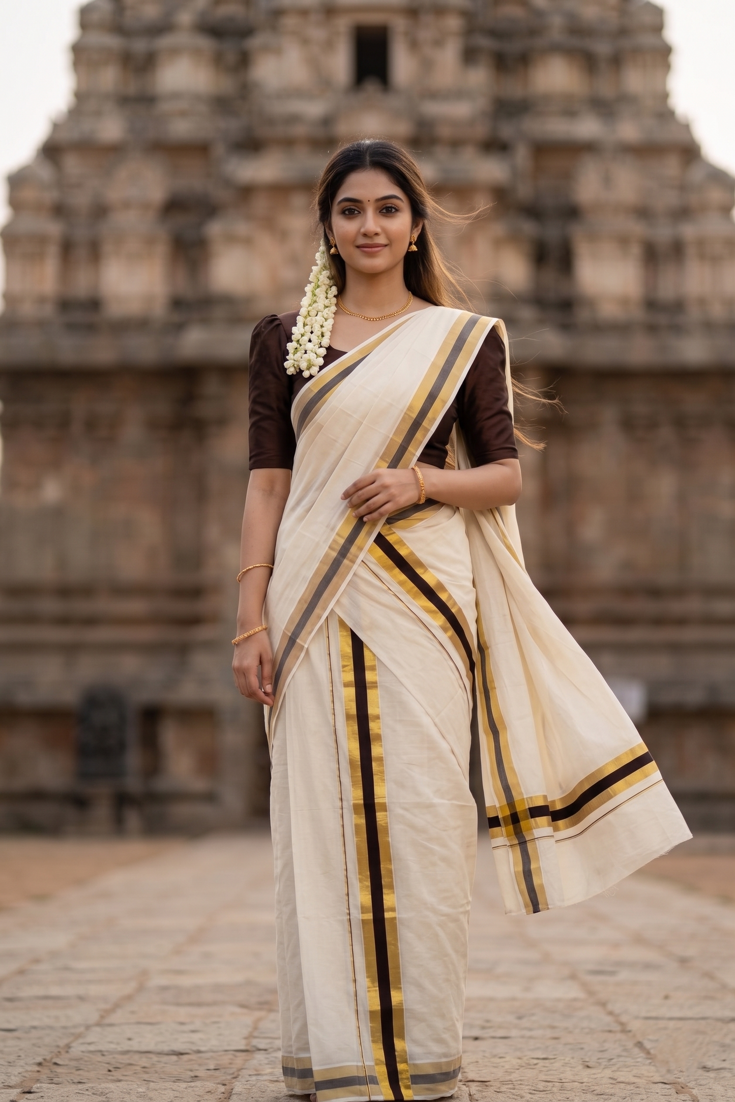 Kerala Cotton Mundum Neriyathum Single (Set Mundu) with Brown and Kasavu Border 2.80 Mtrs SLKK SL470