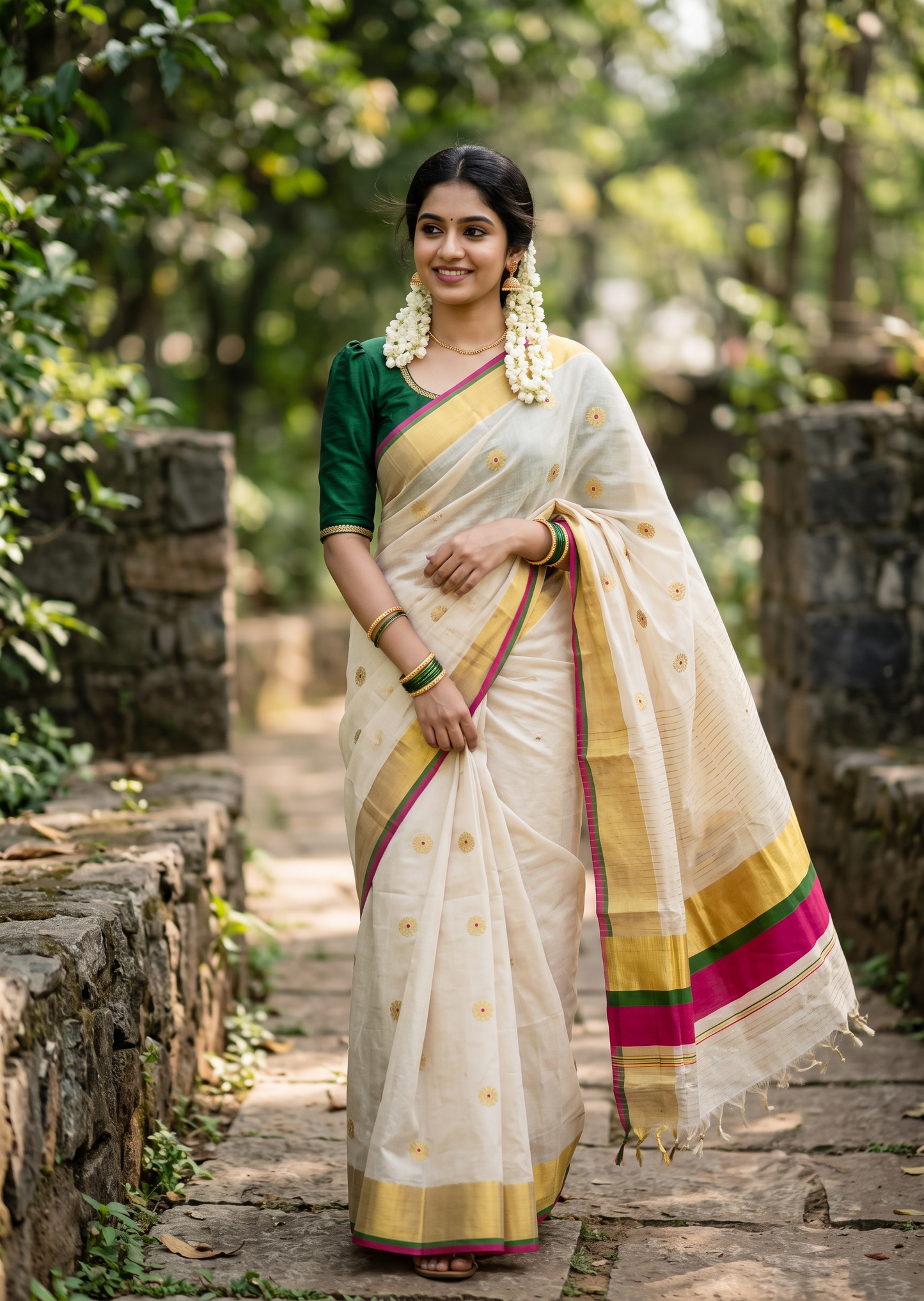 Southloom Super Premium Balaramapuram Handloom Tissue Stripe Saree with Green And Magenta Border