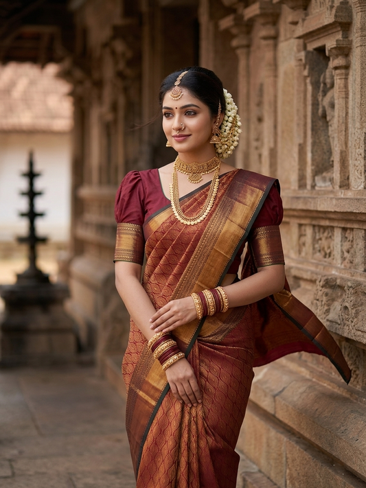 Southloom Premium Semi Silk Zari Work Brocade Saree in Bridal Maroon with Matching Pallu