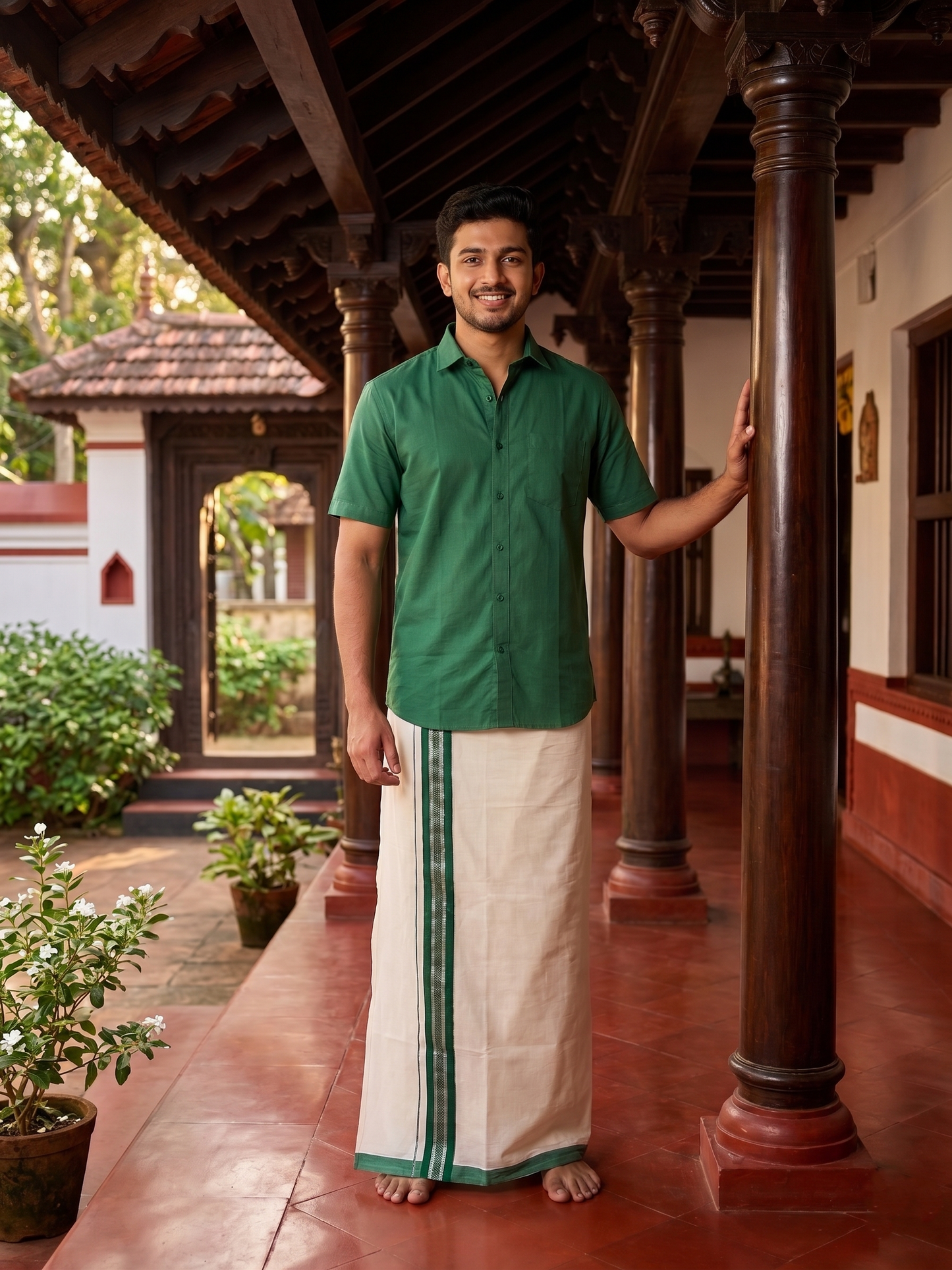 Southloom Premium Handloom Cotton Double Mundu with Green And Silver Line Border