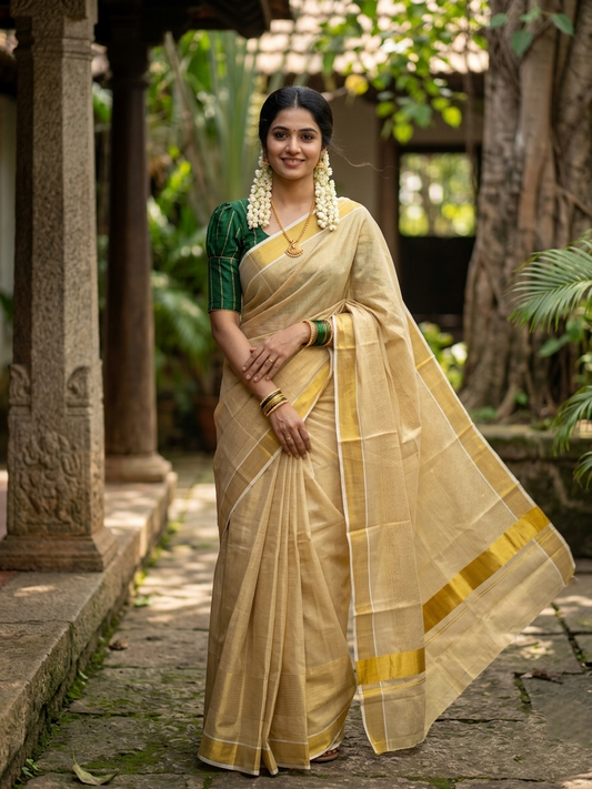 Southloom Kerala Tissue Kasavu Golden Stripes Saree