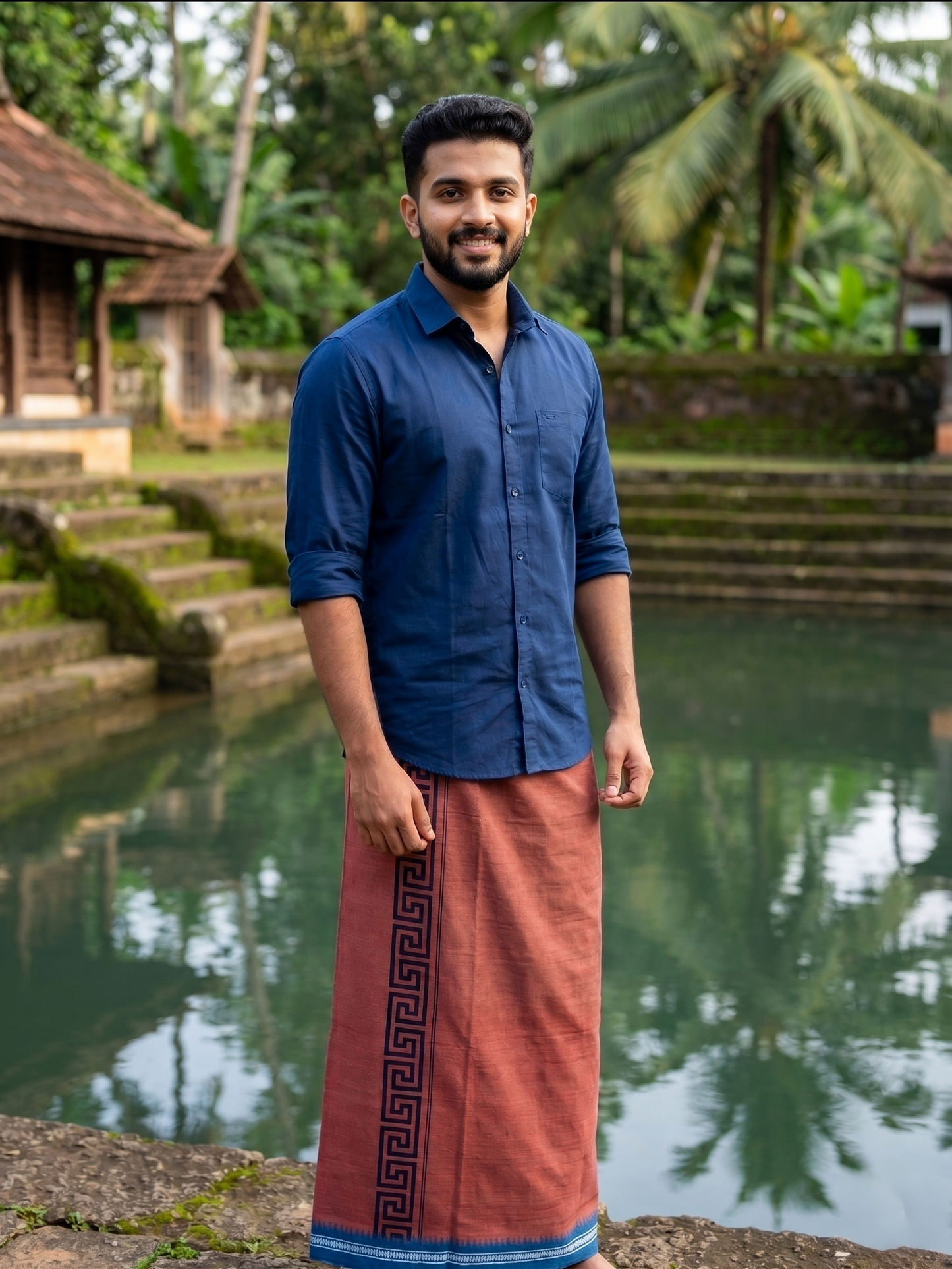 Southloom Saffron (Kaavi) Blue Printed Single Mundu / Lungi (South Indian Kerala Dhoti)