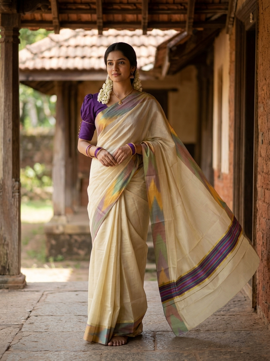Southloom Kerala Tissue Kasavu Saree with Multi Colour Pochampally Design on Borders and Kara
