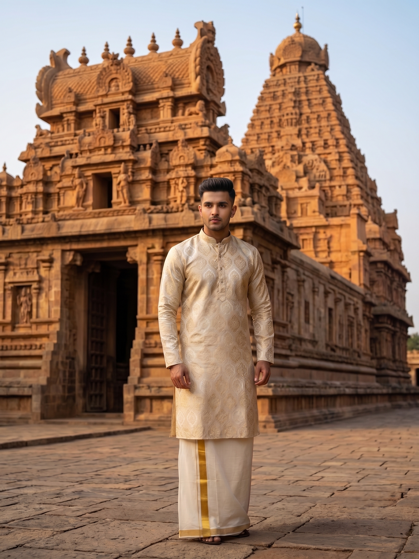 Southloom Beige Woven Semi Silk Short Kurta for Men SL590