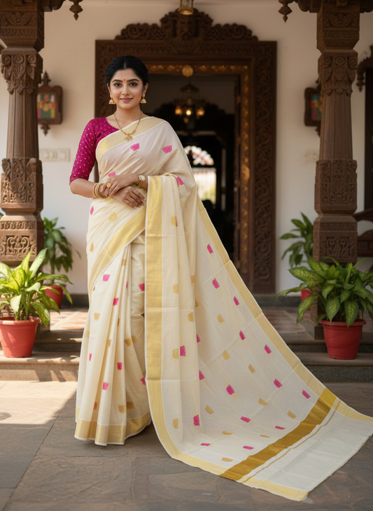 Southloom Kerala Tissue Plain Kasavu Saree with Pink And Gold Lotus Embroidery Works