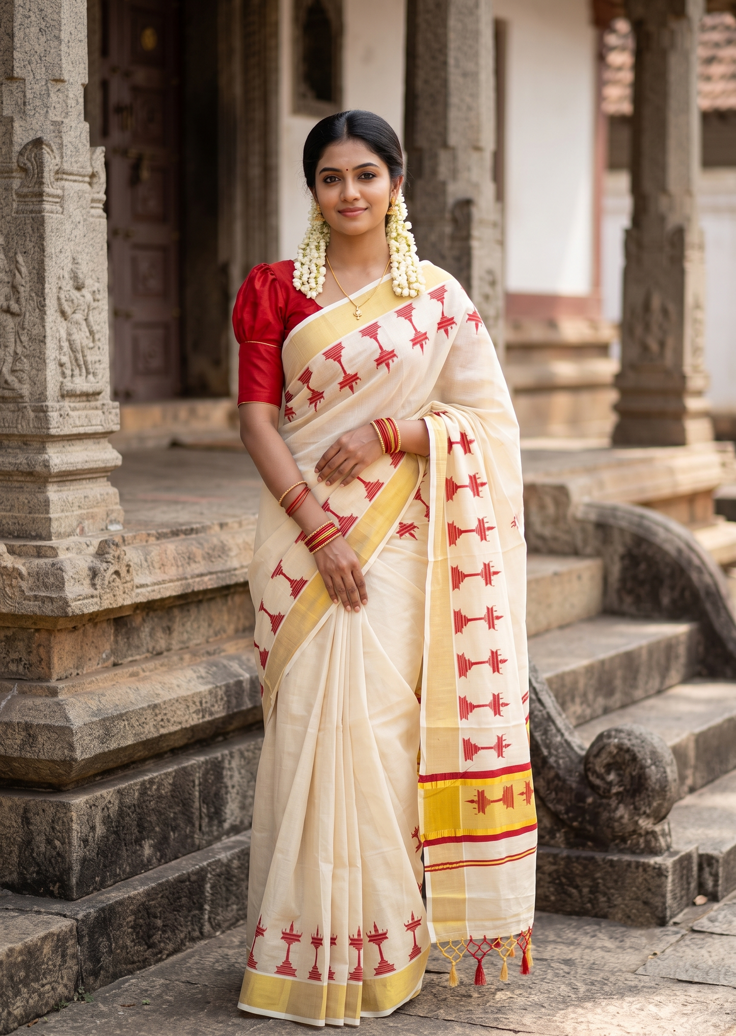 Southloom Kerala Tissue Saree with Nilavilakku Digital Print Design in Red SL568