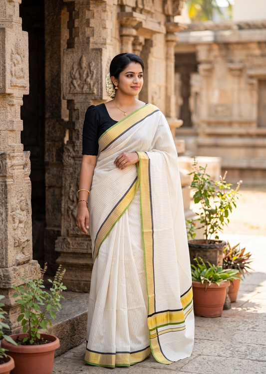Southloom Kerala Cotton Kasavu Saree with Stripes on Body in Black and Olive Green SL528