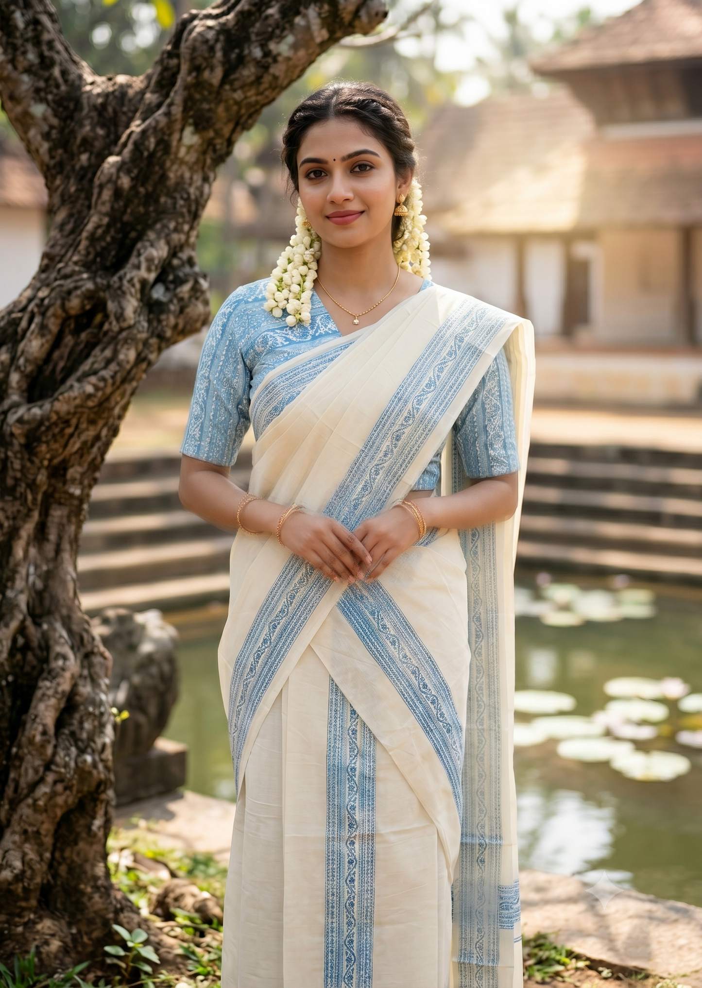 Southloom Blue Block Printed Set Mundu with Blouse Piece 2.80Mtrs SL423