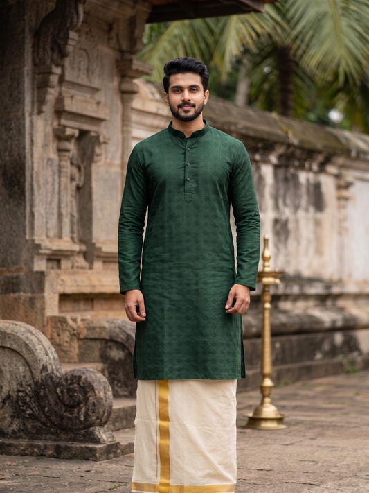 Southloom Green Woven Patterns Semi Silk Short Kurta for Men SL590