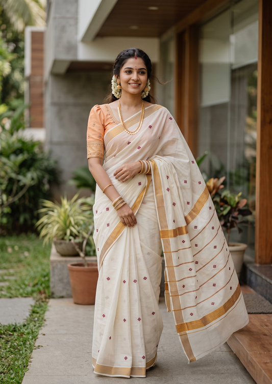 Southloom Super Premium Balaramapuram Handloom Cotton Saree with Orange Butta Work on Body on Border