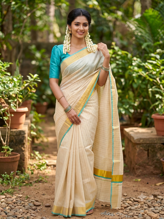 Southloom Kerala Tissue Kasavu Saree with Stripes on Body In Turquoise Border