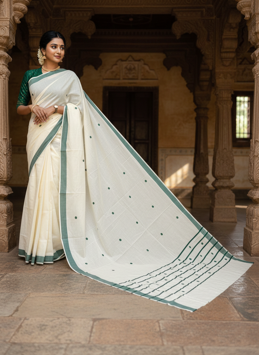 Southloom Kerala Pure Cotton Saree with Green Polka Embroidery Works on Body SL324