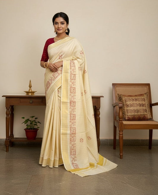 Southloom Tissue Kerala Kasavu Saree with Embroidery Design