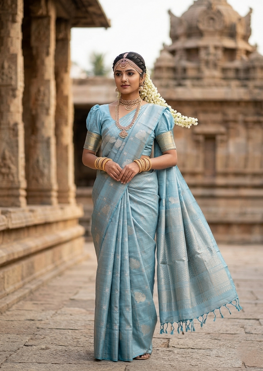 Southloom Pure Handloom Bridal Kanchipuram Silk Saree with Korvai Work (Blue)