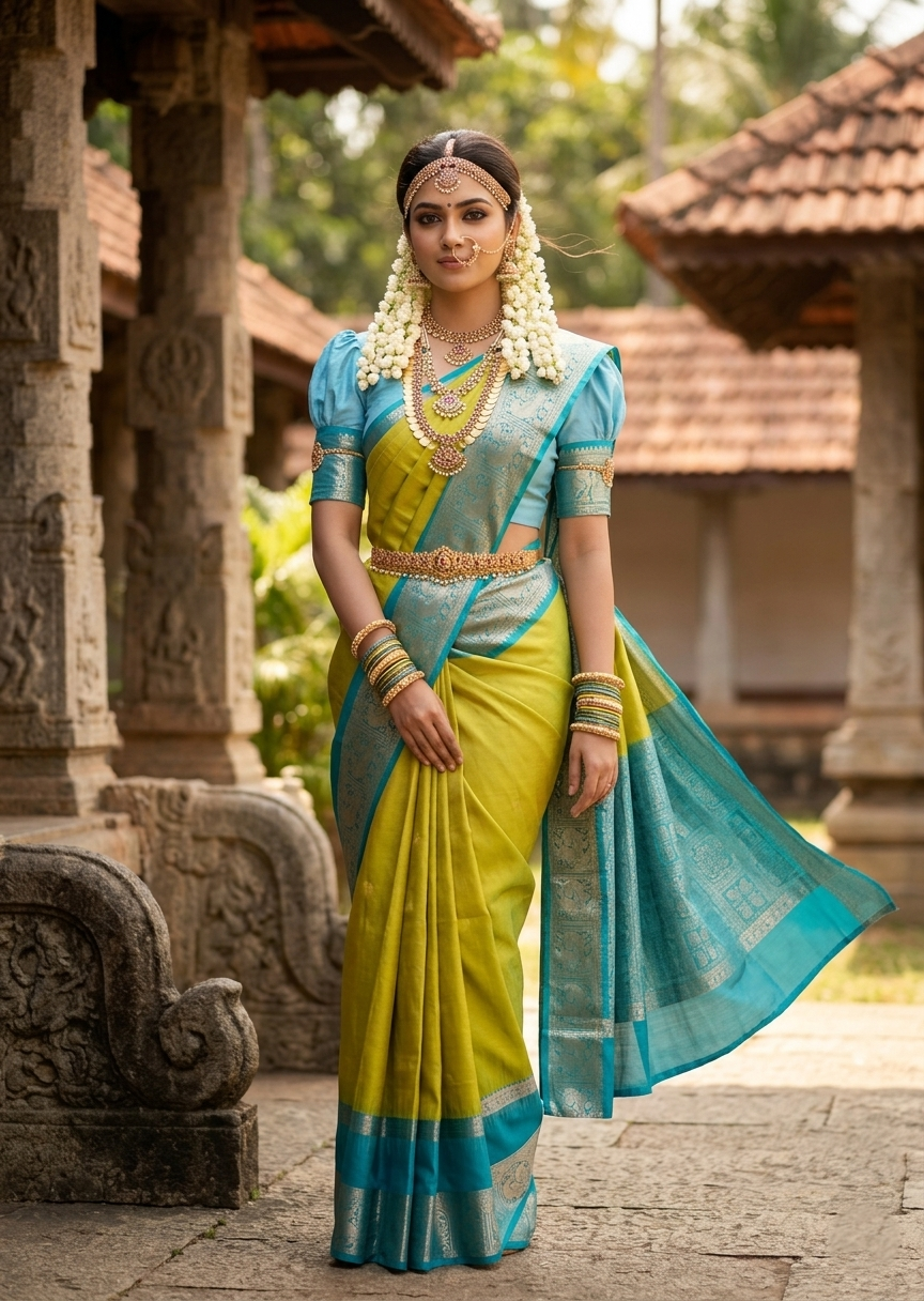Southloom Pure Handloom Bridal Kanchipuram Silk Saree with Korvai Work (Yellow & Blue)