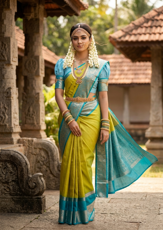 Southloom Pure Handloom Bridal Kanchipuram Silk Saree with Korvai Work (Yellow & Blue)