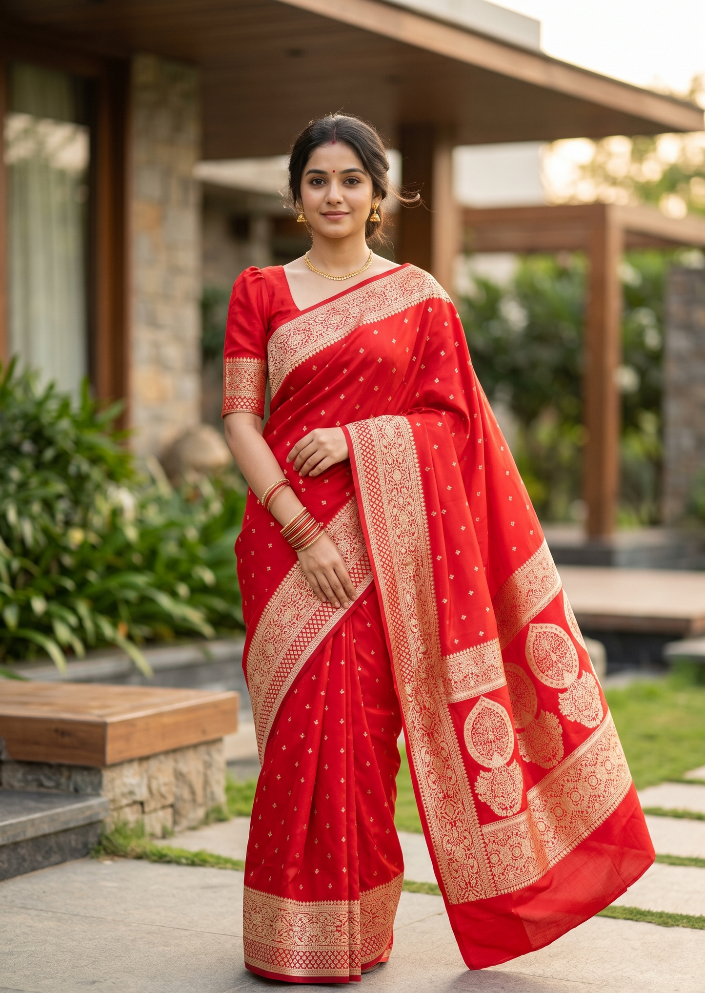 Southloom Satin Banarasi Silk Saree with Woven Work on Body And Borders In Red