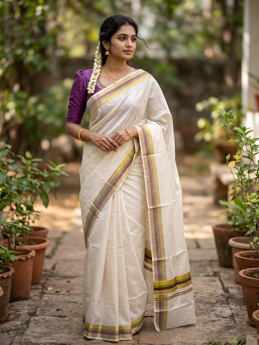 Southloom Kerala Cotton Kasavu Saree with Micro Check Design on Body in Purple & Olive Green Border SL481