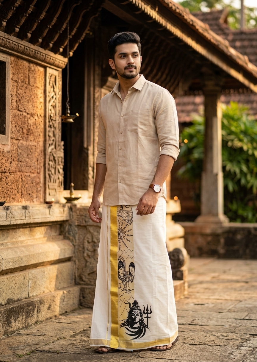 Southloom Pure Cotton Hand Painted Double Mundu (South Indian Kerala Dhoti)SL330