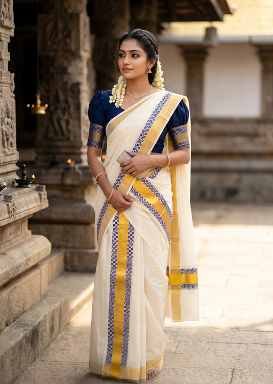 Southloom Pure Cotton Set Mundu with Gold Kasavu and Digital Print in Blue 2.80 Mtrs SL375