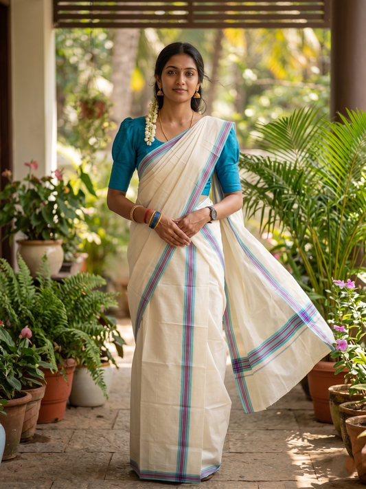 Southloom Kerala Mulloth Cotton Single Mundum Neriyathum with Multicolor Border In 2.80 Mtrs SL243