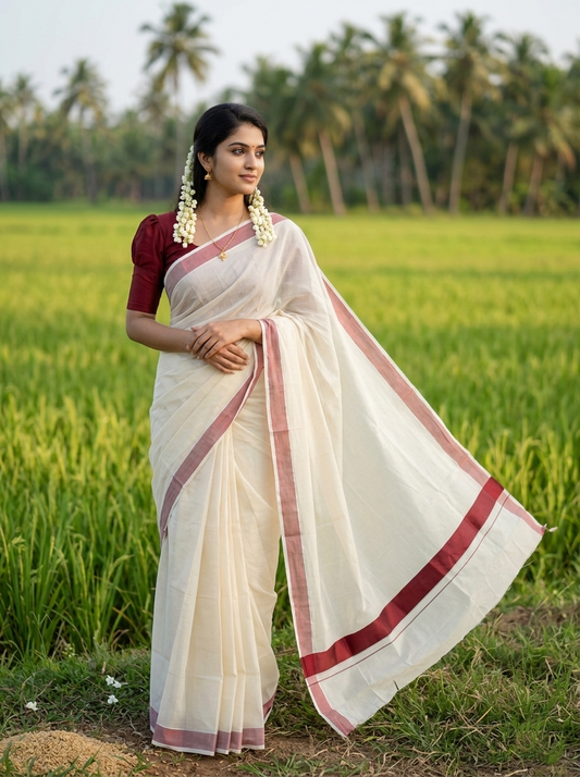 Southloom Kerala Pure Cotton Plain Kasavu Saree with Maroon Border