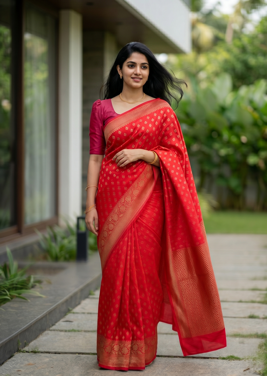 Southloom  Munga Silk Saree with Woven Work on Body and Borders (Redish Pink)