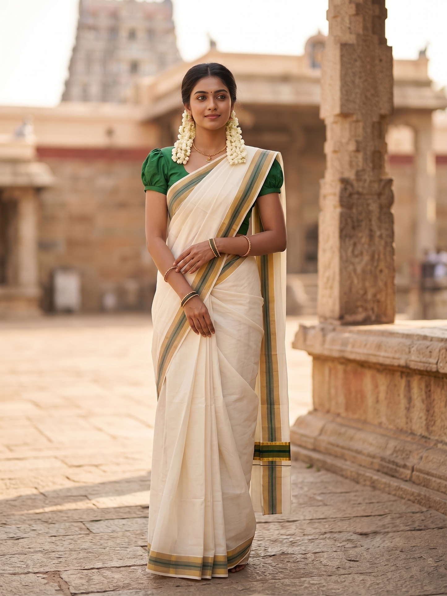 Southloom Pure Cotton Kerala Saree with Kasavu and Dark Green Border